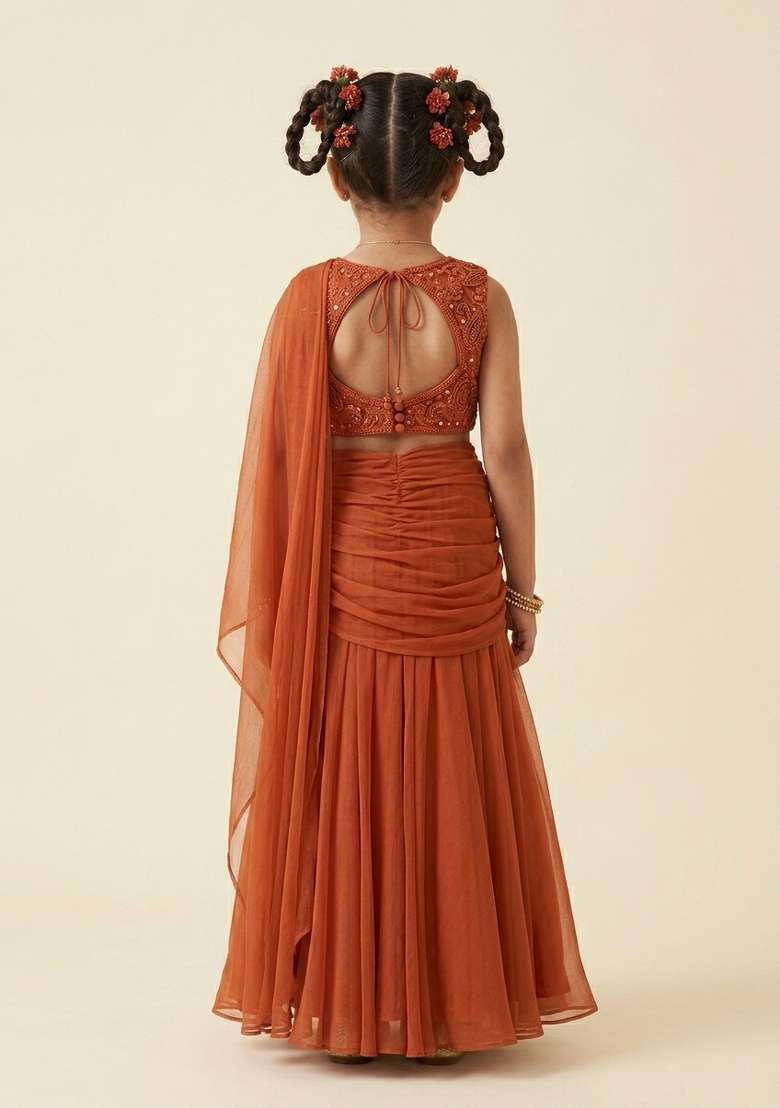 Rust Handwork Organza Fusion Set For Girls - Indya