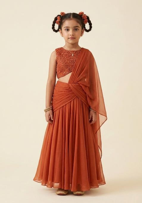 Rust Handwork Organza Fusion Set For Girls