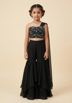 Jet Black Hand Work Georgette Lehenga Set For Girls