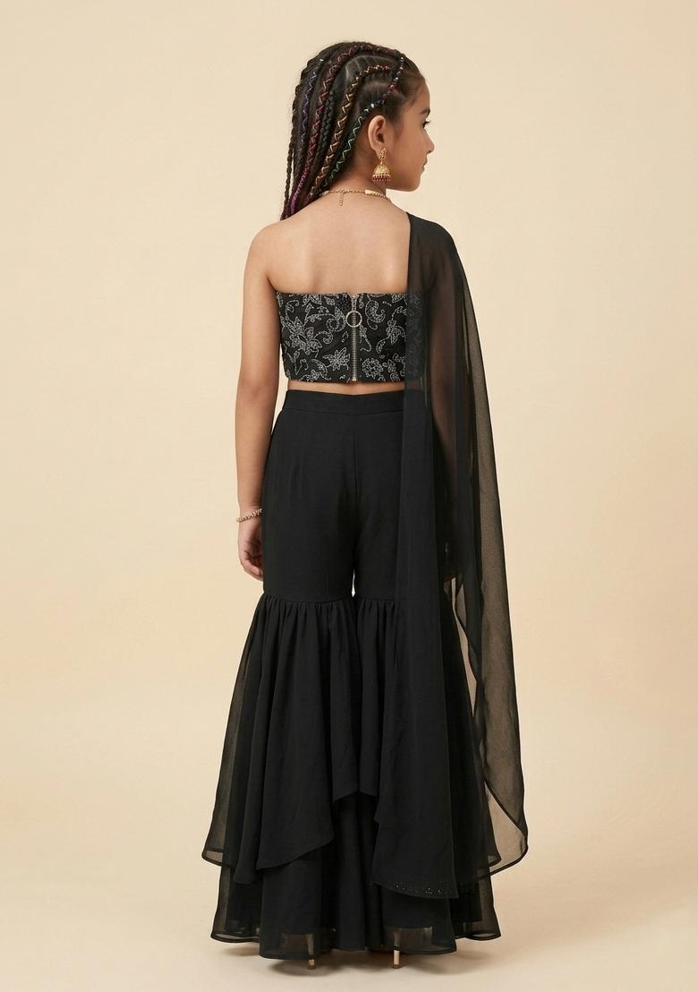 Jet Black Hand Work Georgette Lehenga Set For Girls - Indya