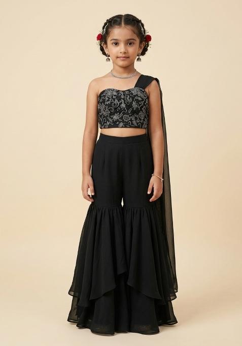 Jet Black Hand Work Georgette Lehenga Set For Girls