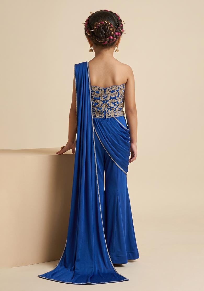 Royal Blue Hand Work Chinon Fusion Set For Girls - Indya