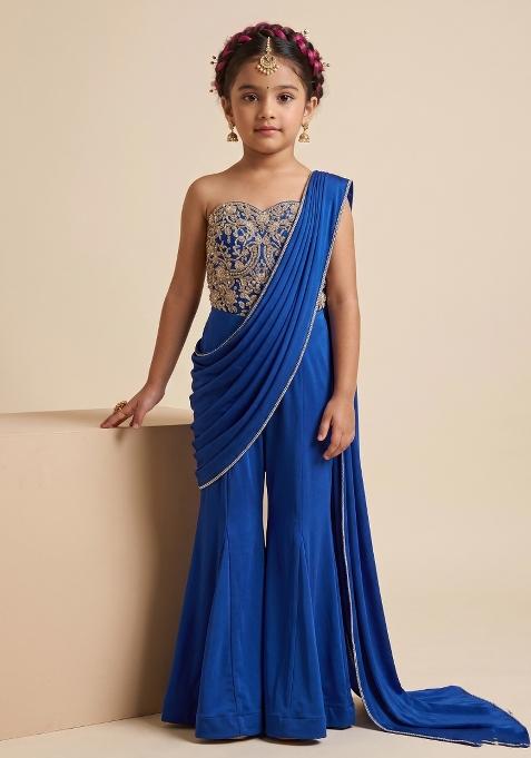 Royal Blue Hand Work Chinon Fusion Set For Girls