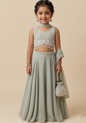 Sage Green Hand Work Chinon Fusion Set For Girls