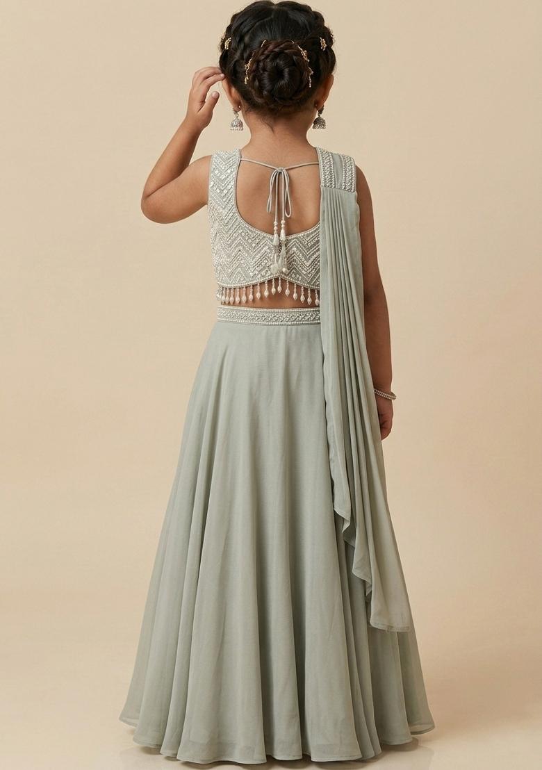 Sage Green Hand Work Chinon Fusion Set For Girls - Indya