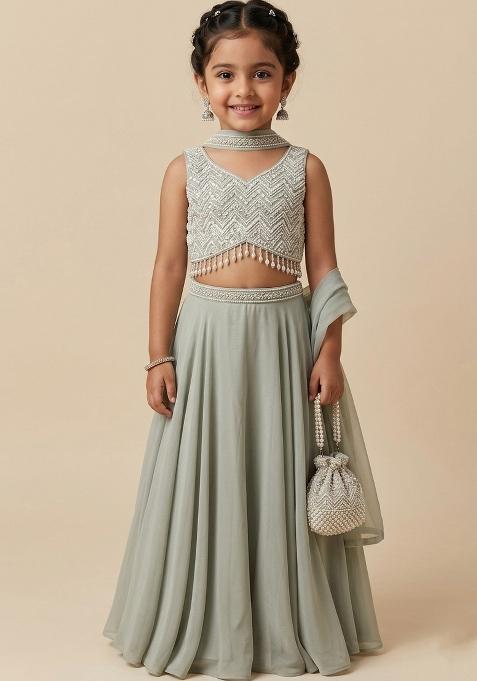 Sage Green Hand Work Chinon Fusion Set For Girls