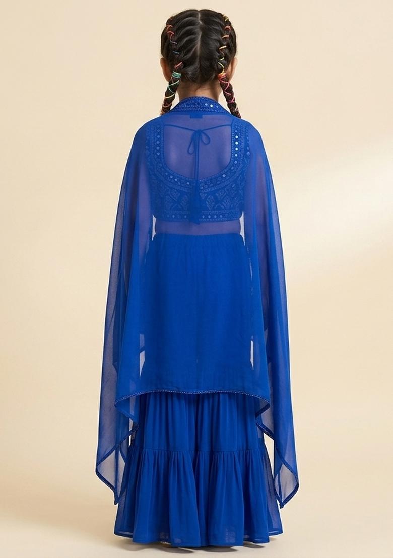 Deep Blue Hand Work Embellished Georgette Fusion Set For Girls - Indya
