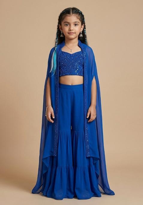 Deep Blue Hand Work Embellished Georgette Fusion Set For Girls