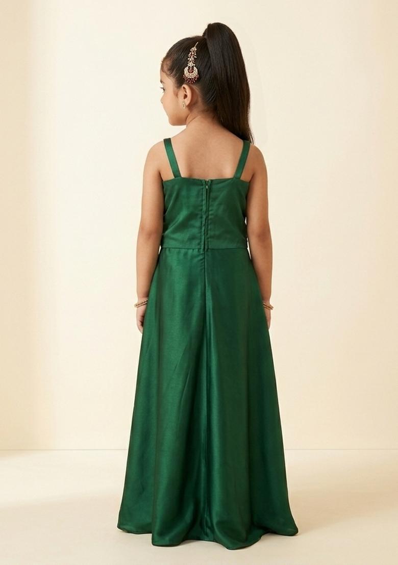 Light Green Hand Work Embellished Crepe Fusion Set For Girls - Indya