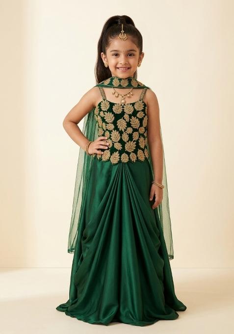 Light Green Hand Work Embellished Crepe Fusion Set For Girls
