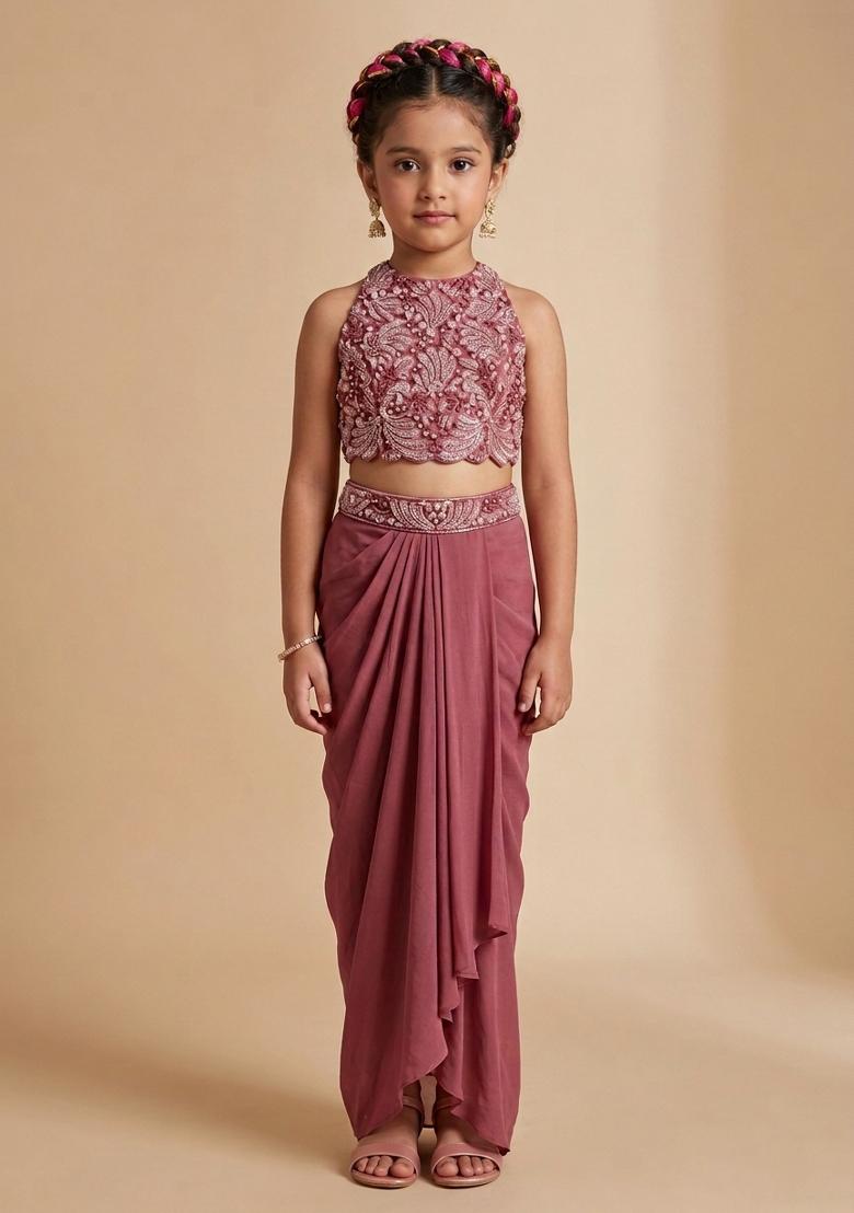 Mauve Hand Work Embellished Satin Fusion Set For Girls - Indya