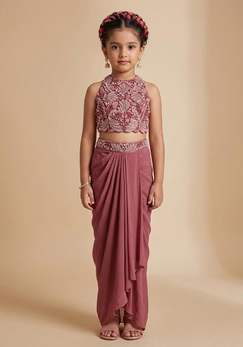 Mauve Hand Work Embellished Satin Fusion Set For Girls