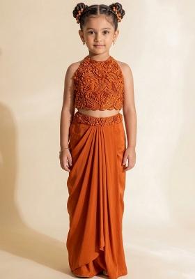Soft Orange Hand Work Embellished Satin Fusion Set For Girls