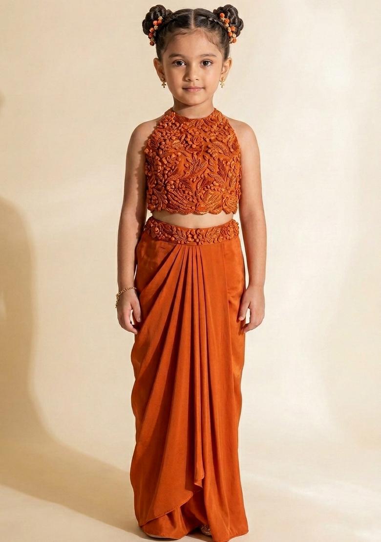 Soft Orange Hand Work Embellished Satin Fusion Set For Girls - Indya