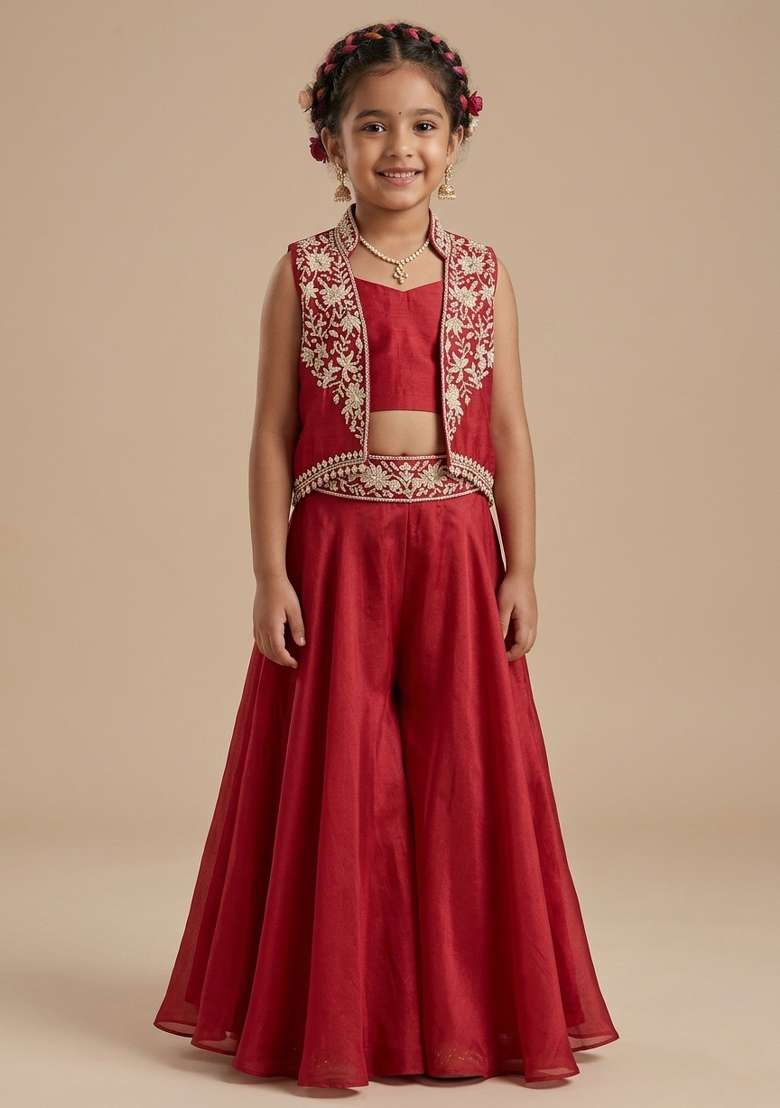 Deep Red Hand Work Embellished Chinon Fusion Set For Girls - Indya