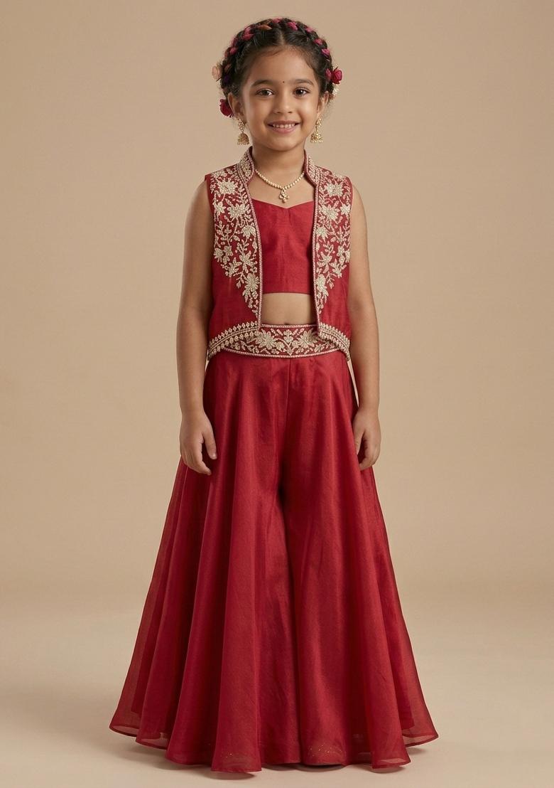 Deep Red Hand Work Embellished Chinon Fusion Set For Girls - Indya