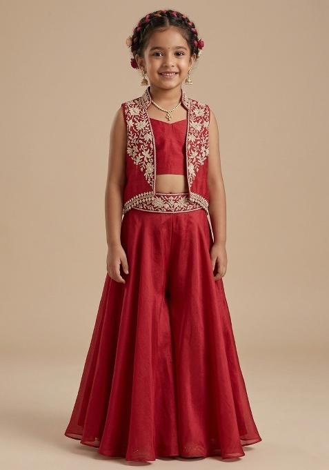 Deep Red Hand Work Embellished Chinon Fusion Set For Girls