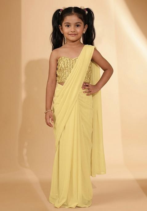 Light Yellow Hand Work Embellished Pre Draped Saree Set For Girls