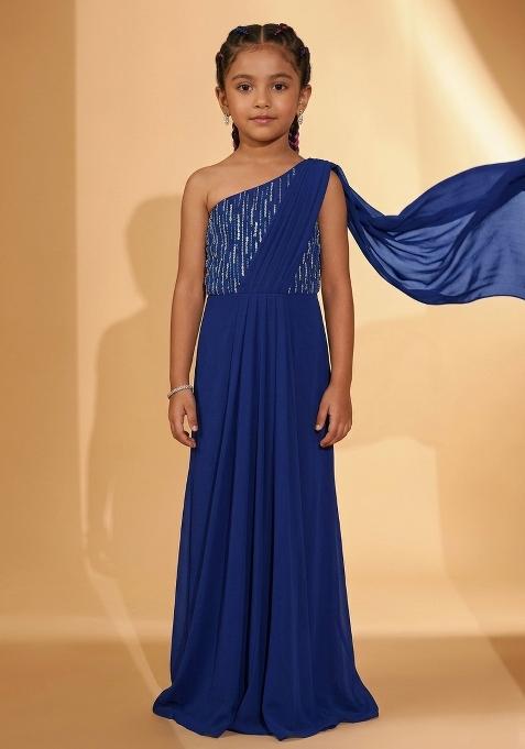 Deep Blue Hand Work Embellished Pre Draped Saree Set For Girls