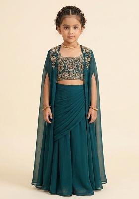 Deep Teal Blue Georgette Handwork Fusion Set For Girls