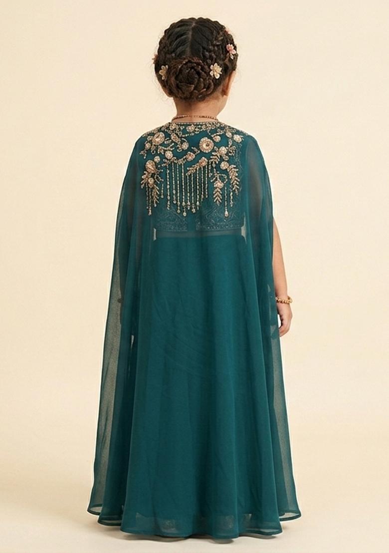 Deep Teal Blue Georgette Handwork Fusion Set For Girls - Indya