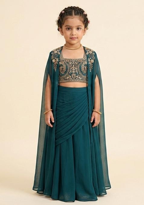 Deep Teal Blue Georgette Handwork Fusion Set For Girls