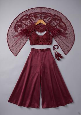 Wine Red Satin Handwork Lehenga Set For Girls