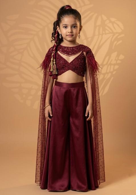 Wine Red Satin Handwork Lehenga Set For Girls — view on Indya