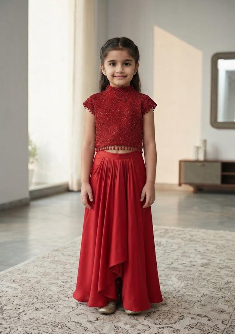 Red Satin Handwork Fusion Set For Girls - Indya