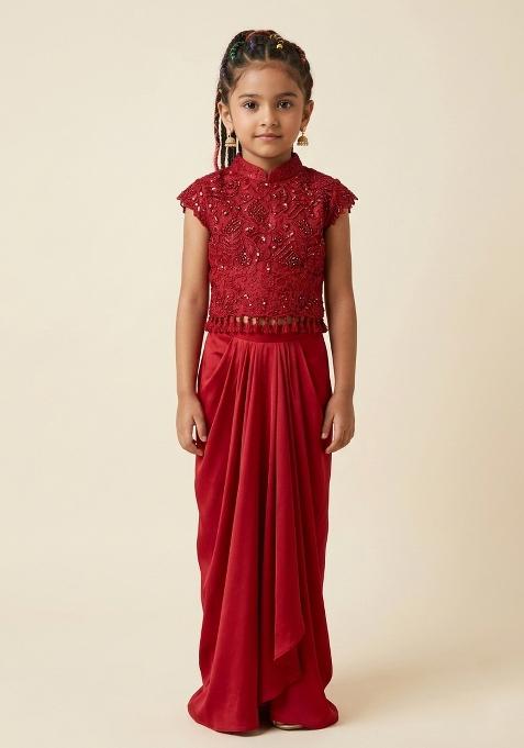 Red Satin Handwork Fusion Set For Girls
