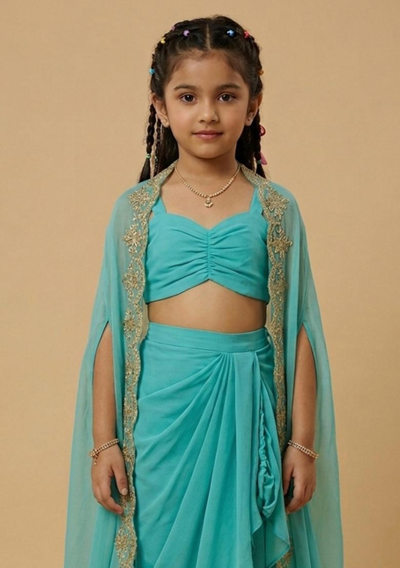 Aqua Blue Crepe Handwork Fusion Set For Girls - Indya