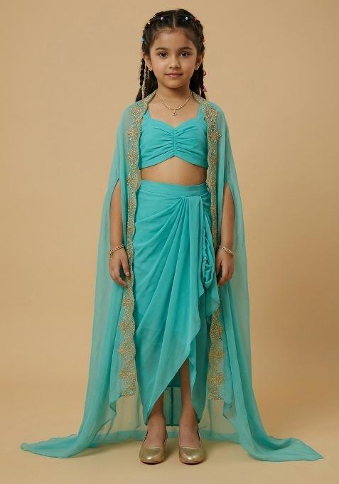 Aqua Blue Crepe Handwork Fusion Set For Girls