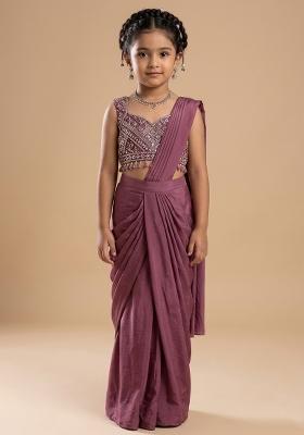 Mauve Chinon Embellished Handwork Pre Draped Saree Set For Girls