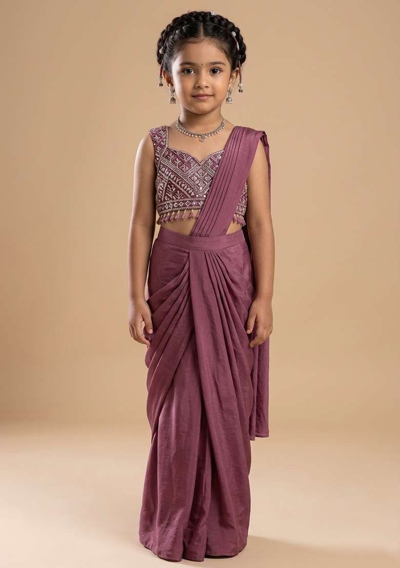 Mauve Chinon Embellished Handwork Pre Draped Saree Set For Girls - Indya