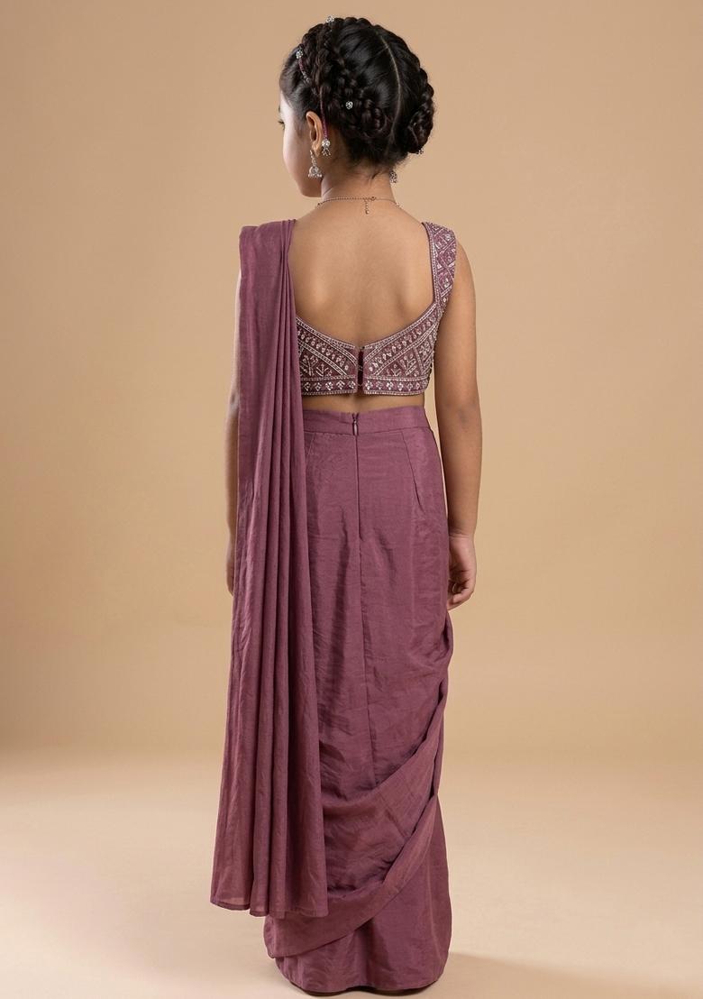 Mauve Chinon Embellished Handwork Pre Draped Saree Set For Girls - Indya