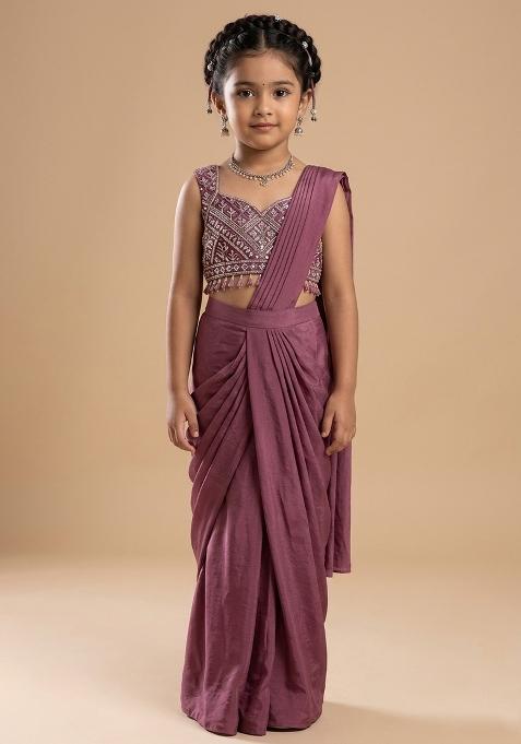 Mauve Chinon Embellished Handwork Pre Draped Saree Set For Girls