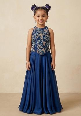 Blue Crepe Embroidered Handwork Fusion Set For Girls