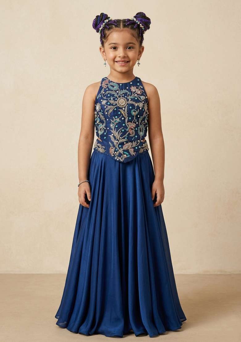 Blue Crepe Embroidered Handwork Fusion Set For Girls - Indya