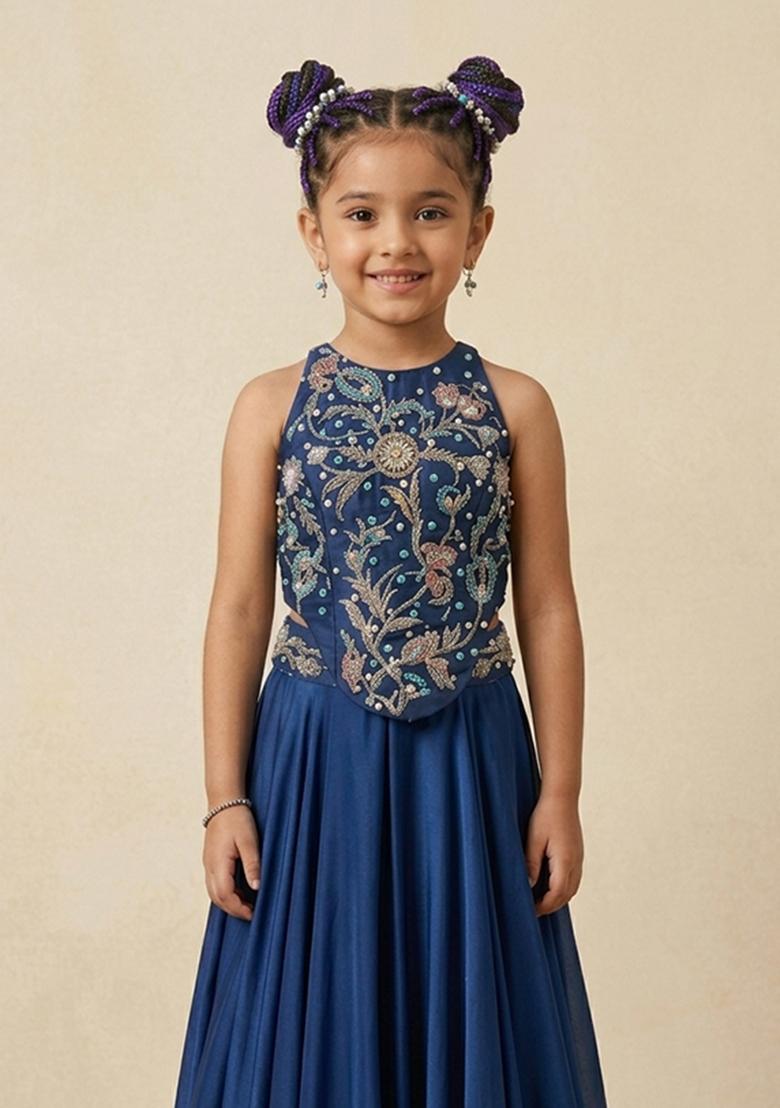 Blue Crepe Embroidered Handwork Fusion Set For Girls - Indya