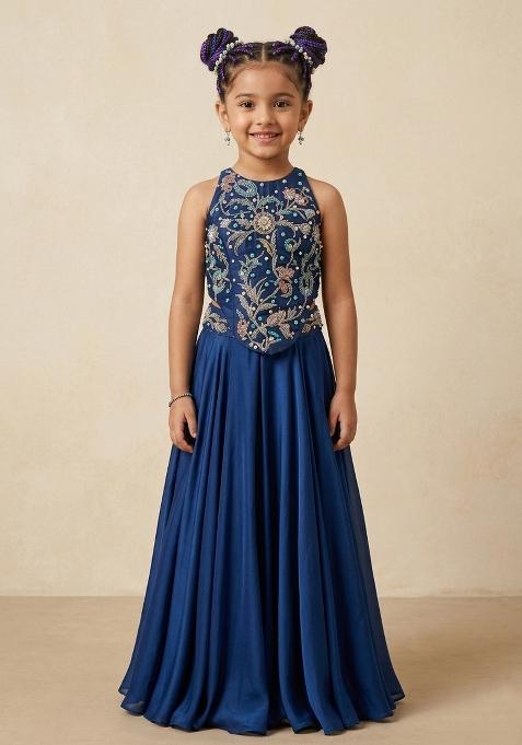 Blue Crepe Embroidered Handwork Fusion Set For Girls