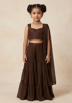 Brown Georgette Embellished Handwork Fusion Set For Girls