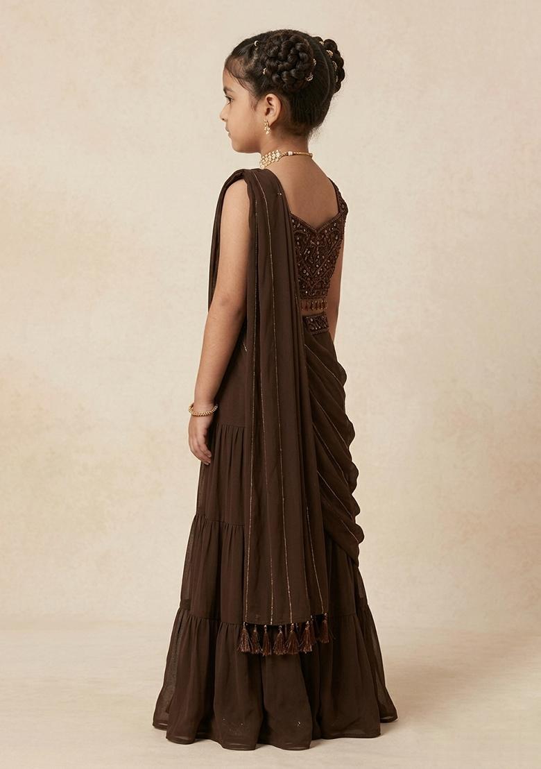 Brown Georgette Embellished Handwork Fusion Set For Girls - Indya