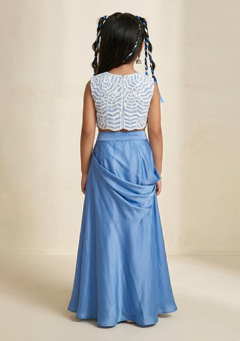 Sky Blue Satin Embroidered Handwork Fusion Set For Girls - Indya