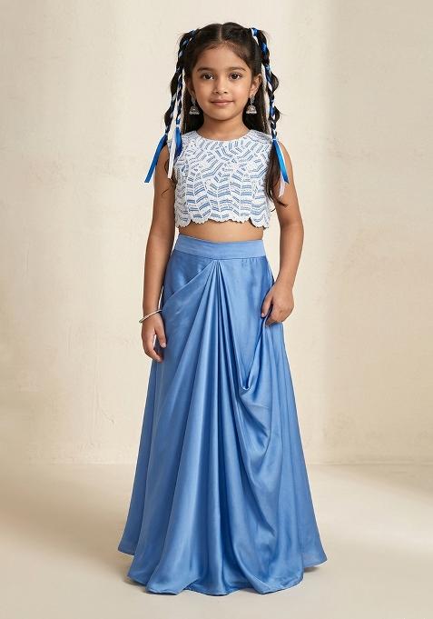 Sky Blue Satin Embroidered Handwork Fusion Set For Girls