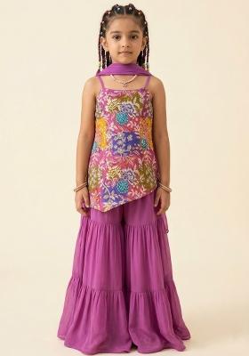 Purple Floral Print Crepe Sharara Set For Girls