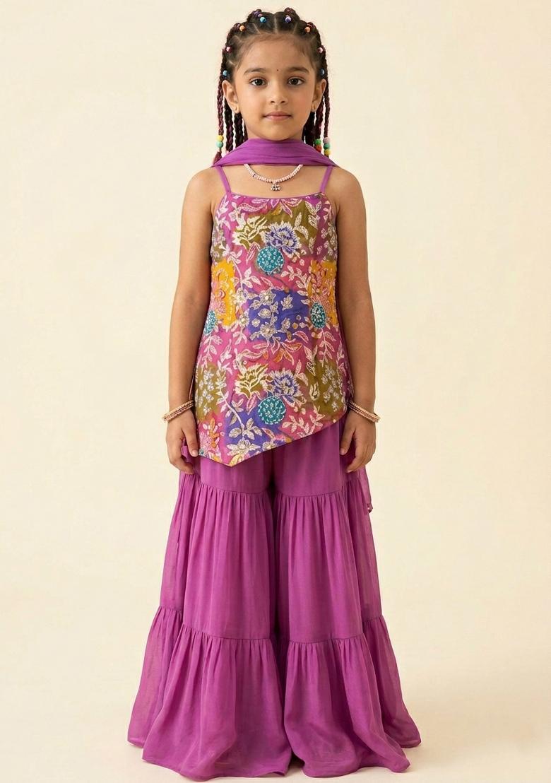 Purple Floral Print Crepe Sharara Set For Girls - Indya