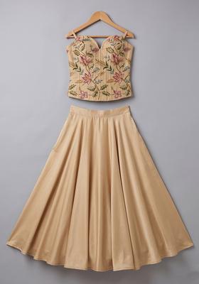 Sand Beige Embroidered Organza Lehenga Set For Girls
