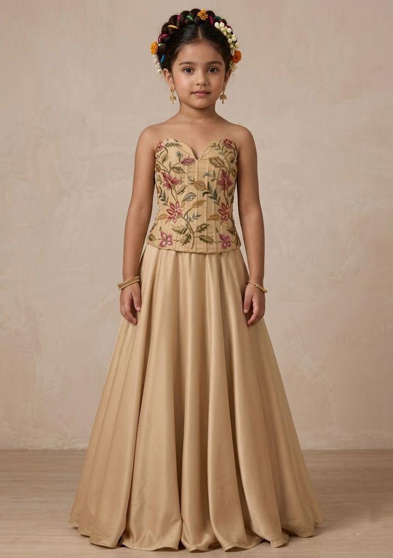 Sand Beige Embroidered Organza Lehenga Set For Girls - Indya