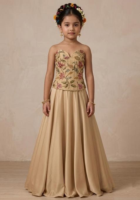 Sand Beige Embroidered Organza Lehenga Set For Girls