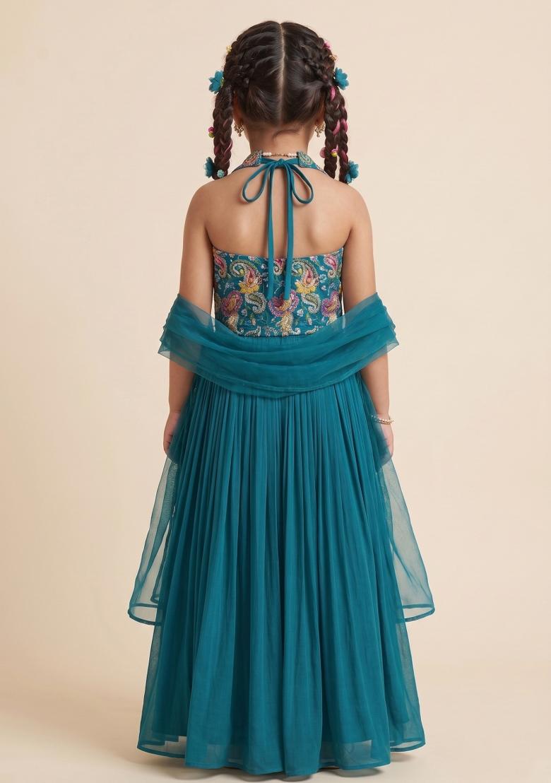 Teal Printed Crepe Fusion Set For Girls - Indya